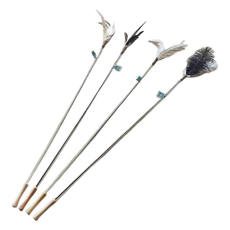 CHIYOOSU Cat Teaser Wand with Feather Bell Pheasant feather duster with extended brown handle (non-extendable)
