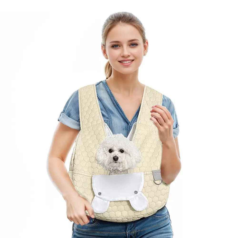 Snuggle Paws Front-Facing Pet Carrier Backpack – Hands-Free Cat & Dog Sling Bag for Travel, Hiking and Daily Outings, Breathable Quilted Cotton, Fluffy Cartoon Charm, Ideal for Small Pets (Khaki)