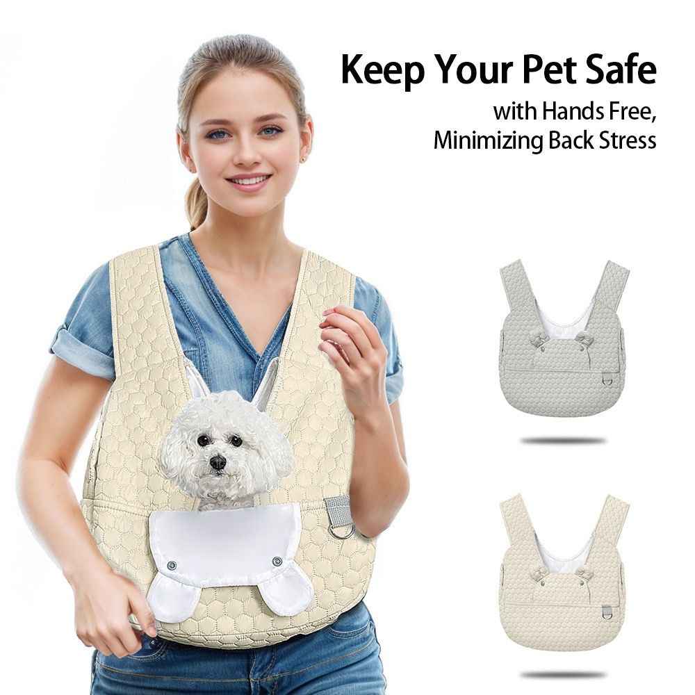 Snuggle Paws Front-Facing Pet Carrier Backpack – Hands-Free Cat & Dog Sling Bag for Travel, Hiking and Daily Outings, Breathable Quilted Cotton, Fluffy Cartoon Charm, Ideal for Small Pets (Khaki)