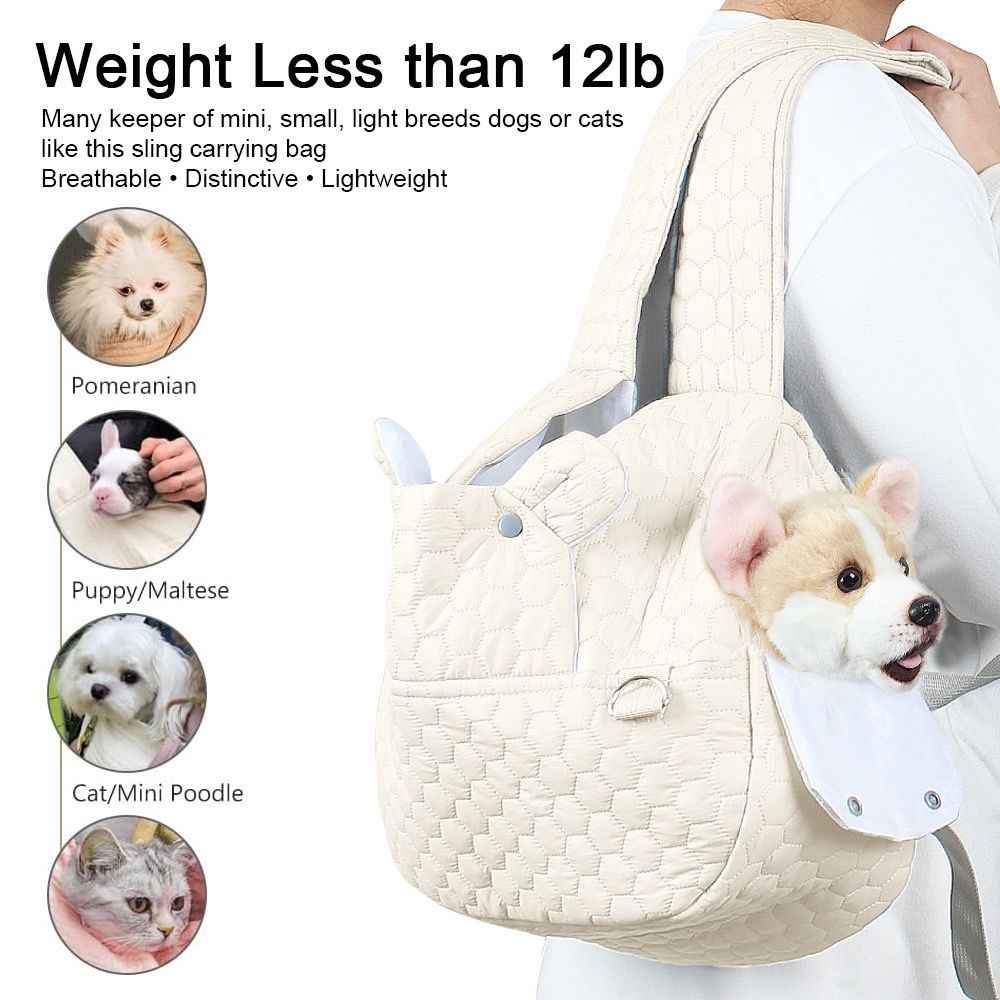 Snuggle Paws Front-Facing Pet Carrier Backpack – Hands-Free Cat & Dog Sling Bag for Travel, Hiking and Daily Outings, Breathable Quilted Cotton, Fluffy Cartoon Charm, Ideal for Small Pets (Khaki)