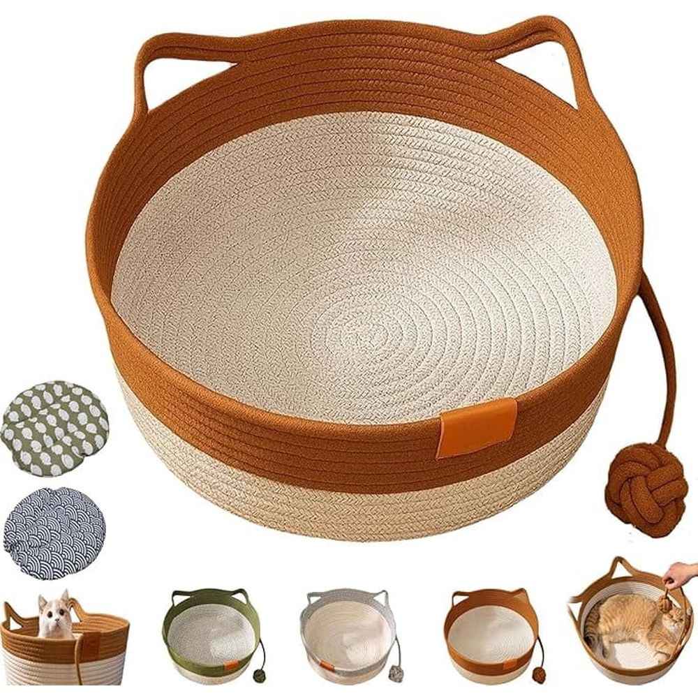 Instinct Basket for Cats, Cat Bed, Under 10kg Cotton Rope Cat Bed with Cushion, Large Foldable Natural Cats Toy Baskets with W Ear Playing Ball Toy Tail