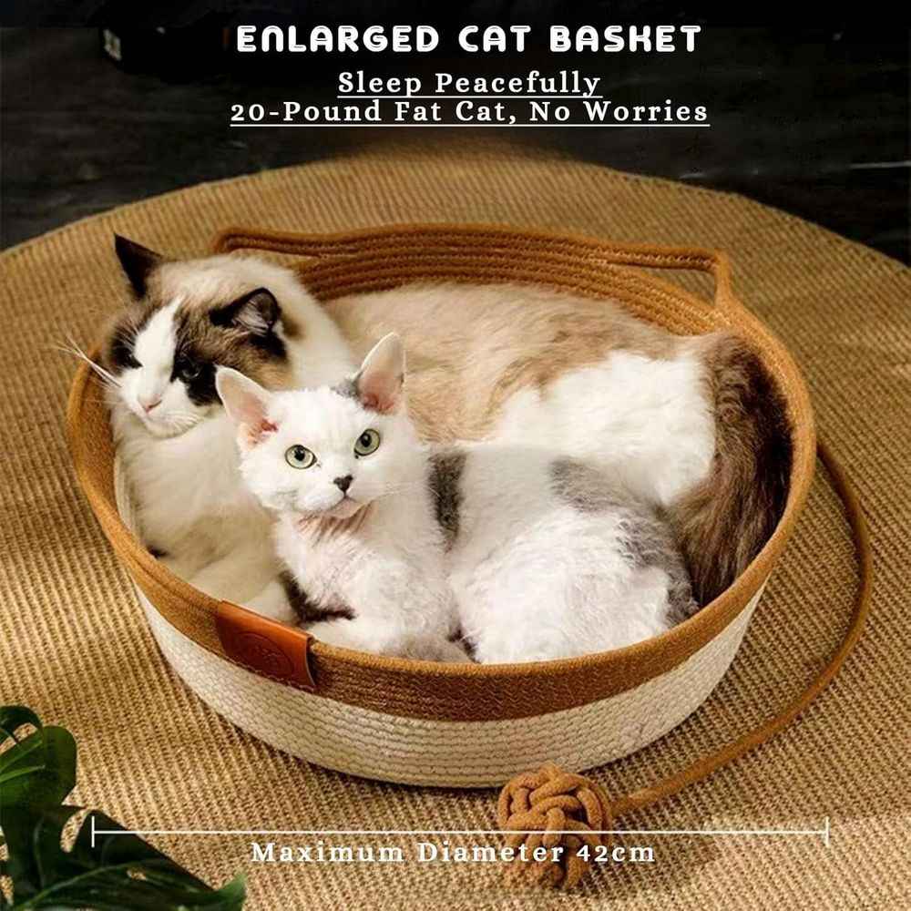 Instinct Basket for Cats, Cat Bed, Under 10kg Cotton Rope Cat Bed with Cushion, Large Foldable Natural Cats Toy Baskets with W Ear Playing Ball Toy Tail