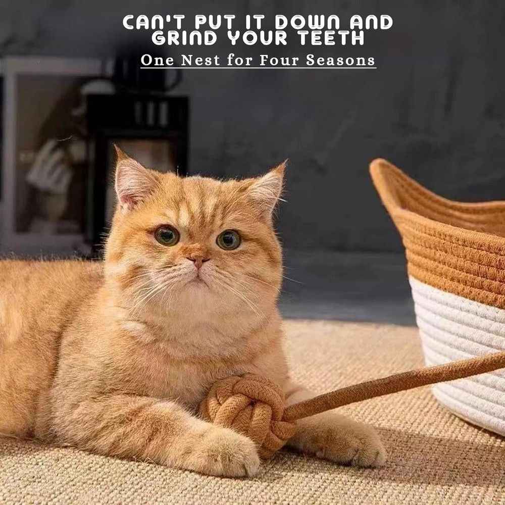 Instinct Basket for Cats, Cat Bed, Under 10kg Cotton Rope Cat Bed with Cushion, Large Foldable Natural Cats Toy Baskets with W Ear Playing Ball Toy Tail