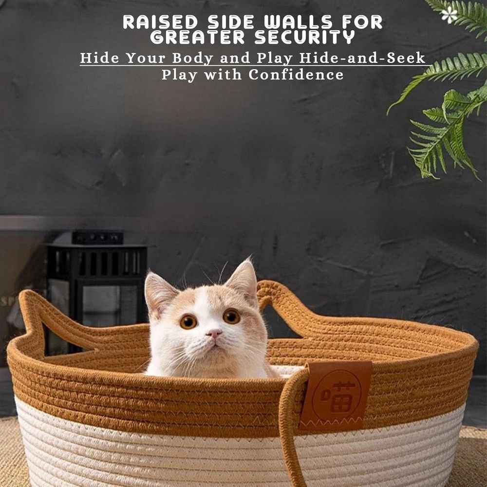 Instinct Basket for Cats, Cat Bed, Under 10kg Cotton Rope Cat Bed with Cushion, Large Foldable Natural Cats Toy Baskets with W Ear Playing Ball Toy Tail