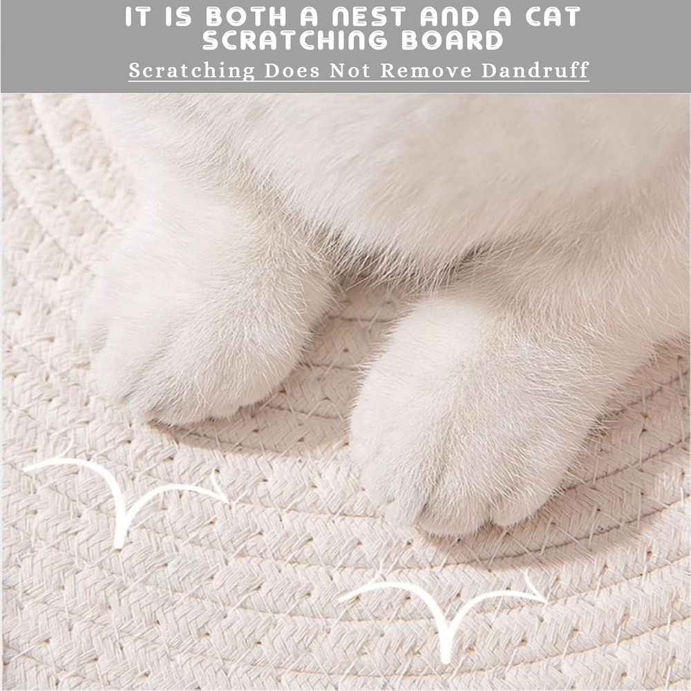 Instinct Basket for Cats, Cat Bed, Under 10kg Cotton Rope Cat Bed with Cushion, Large Foldable Natural Cats Toy Baskets with W Ear Playing Ball Toy Tail