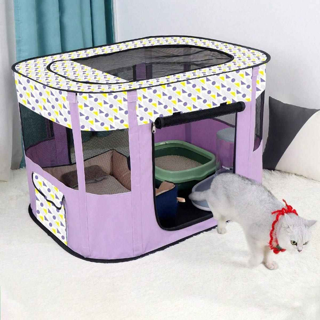 Foldable Cat Dog Kennel Pet Delivery Cage Portable Pet Fence Tent - Cyan-L