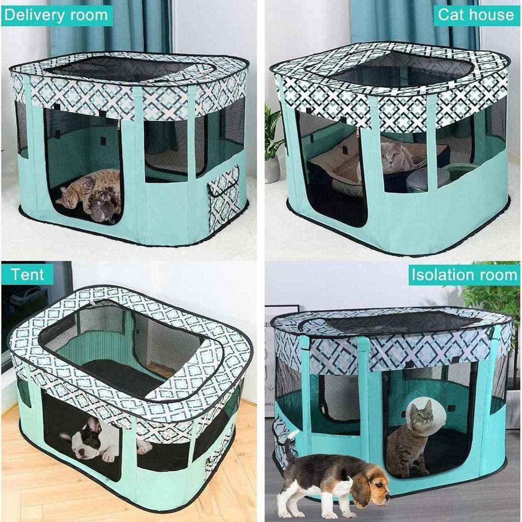 Foldable Cat Dog Kennel Pet Delivery Cage Portable Pet Fence Tent - Cyan-L