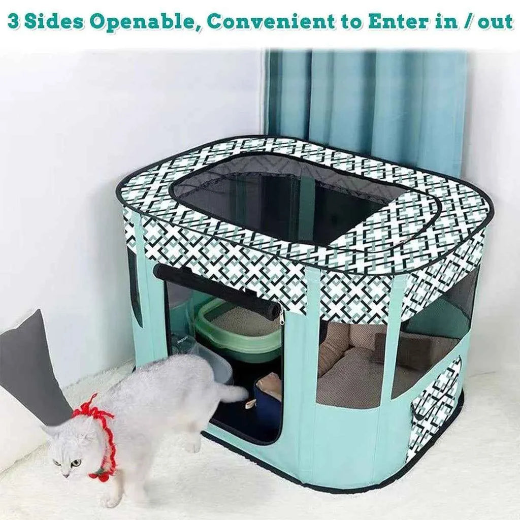 Foldable Cat Dog Kennel Pet Delivery Cage Portable Pet Fence Tent - Cyan-M