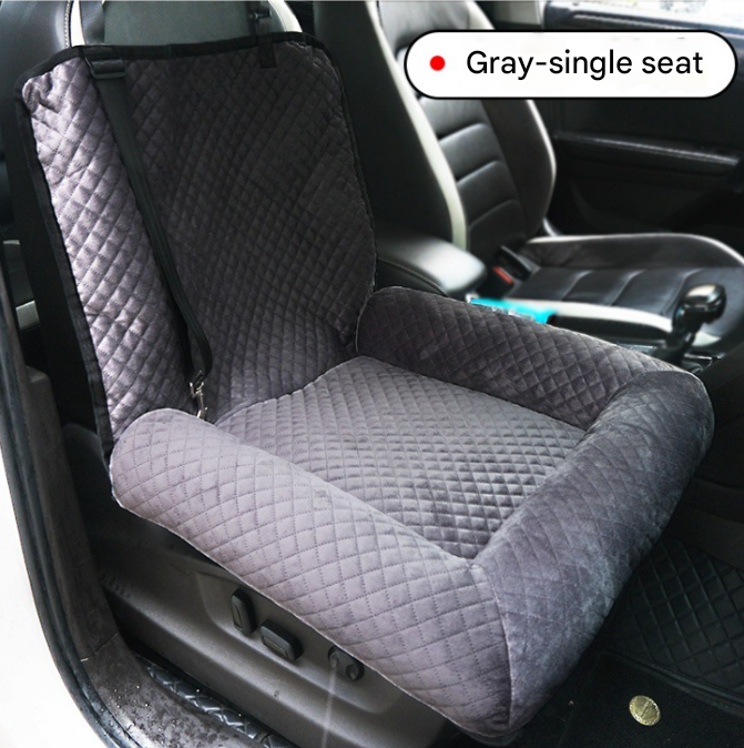 Grey Plush Dog Car Booster Seat - 2-in-1 Travel Bed for Small Dogs with Washable Cover