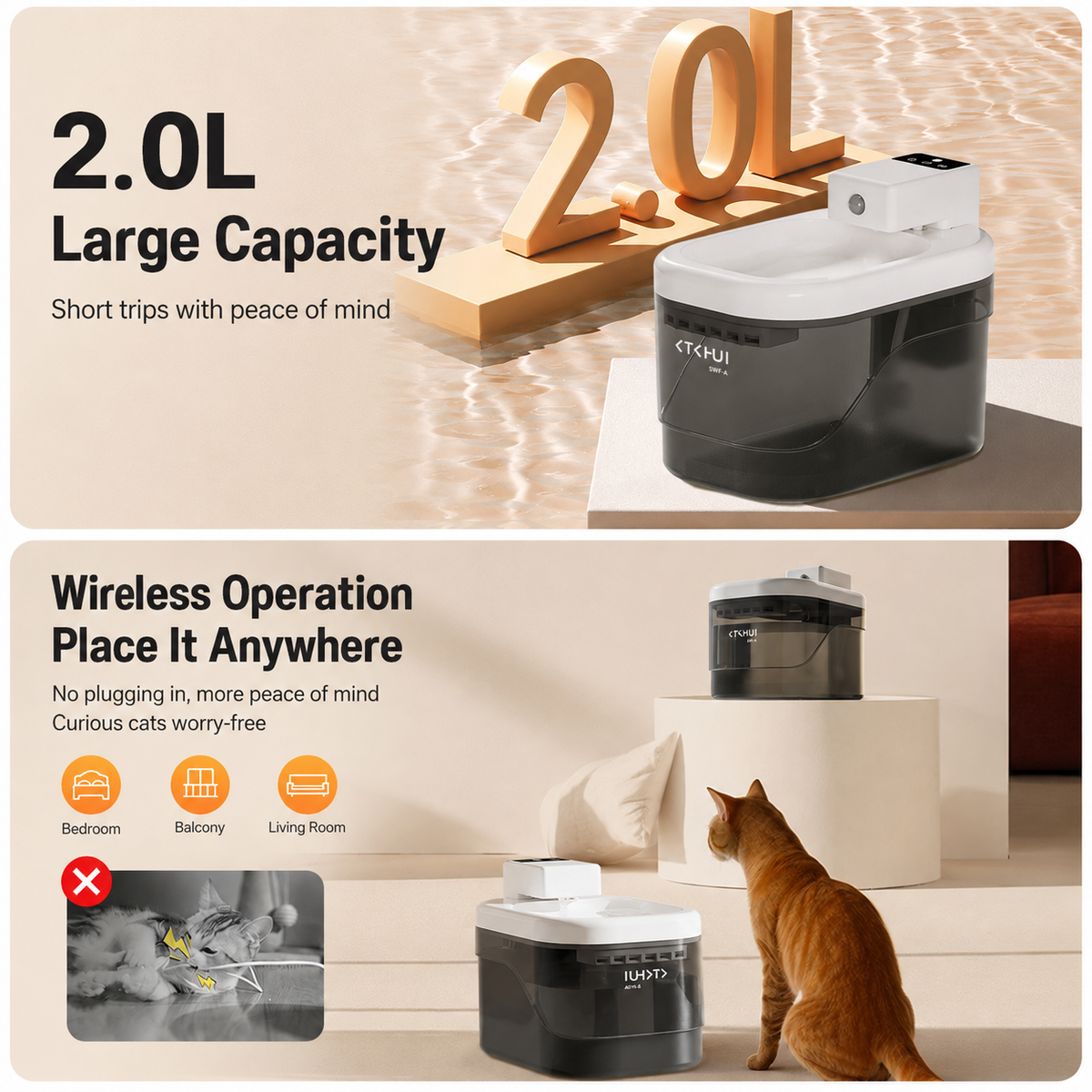 Black and White Motion-Sensor Pet Water Fountain – 2 L product image